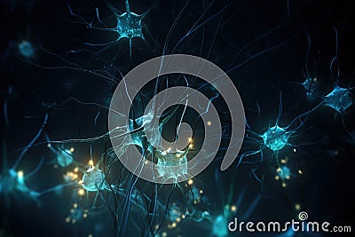 Generative AI of action potentials being generated by a group of neurons concept for nucleus and neuron activity, electrically Stock Photo