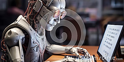 Advanced AI robot engaged in mathematics, attending a class with a digital tablet displaying complex algebraic equations Stock Photo