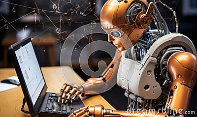 Advanced AI robot engaged in mathematics, attending a class with a digital tablet displaying complex algebraic equations Stock Photo