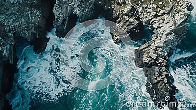 Generative AI Aerial view of Enys Dodnan Arch with rough seas during a winters storm Lands End Cornwall United Kin Stock Photo