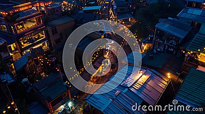 Generative AI aerial view of night scene of Jioufen village Taiwan The colourful scene at night of Jiufen old city Stock Photo