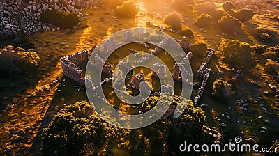 Generative AI Aerial view of Nuraghi ancient complex in Barumini countryside Sardinia Italy business concept. Stock Photo