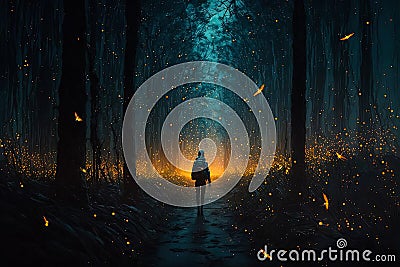 Generative AI. An amazing picture of the mystery person in the night forest. Deep and calm night concept Stock Photo