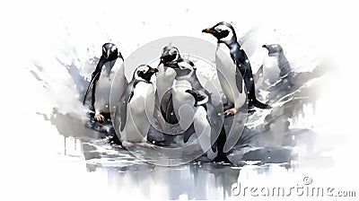 Generative AI, Arctic Unity: Watercolor Drawing of Penguins Huddling Together Stock Photo