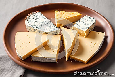 Cheese collection, variety of cheeses with tomatoes on wooden background. Generative AI Stock Photo