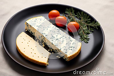 Cheese collection, variety of cheeses with tomatoes on wooden background. Generative AI Stock Photo