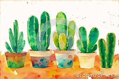 A colorful picture of a variety of cactuses. A colorful cactus painting. Watercolor paint. Digital art, Generative AI Stock Photo