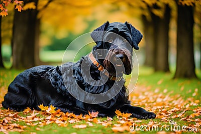 Cute Giant Schnauzer. Portrait of a beautiful Giant Schnauzer dog in the park. Generative AI Stock Photo