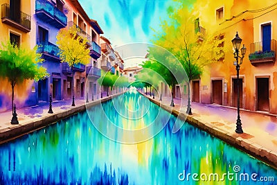 A french town. France. Watercolor Painting of a Charming French Town. Generative AI Stock Photo