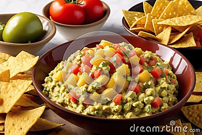 Homemade salsa. Bowls with salsa and nachos on grey background .tortilla chips. Generative AI Stock Photo