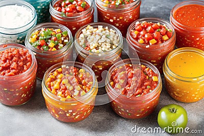 Homemade salsa. Bowls with salsa and nachos on grey background .tortilla chips. Generative AI Stock Photo