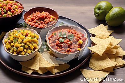 Homemade salsa. Bowls with salsa and nachos on grey background .tortilla chips. Generative AI Stock Photo