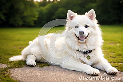 Portrait of a beautiful dog breed American Eskimo Dog in the park. Generative AI Stock Photo