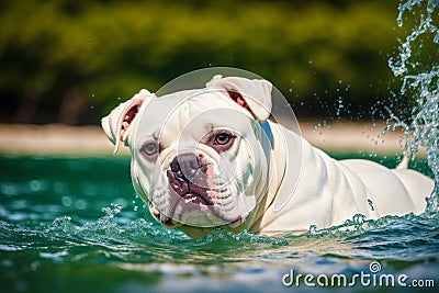 Portrait of a beautiful dog breed English Bulldog. A beautiful American Bulldog dog in the park. Generative AI Stock Photo