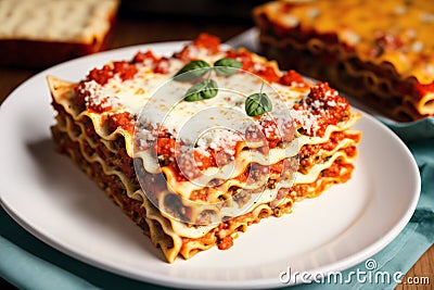 A stack of lasagna with a slice of lasagna on top on a wooden table. Generative AI Stock Photo