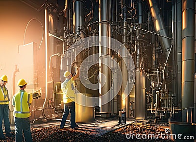 Biomass Plant Technicians Fictional Work Enviroment Scene. Stock Photo
