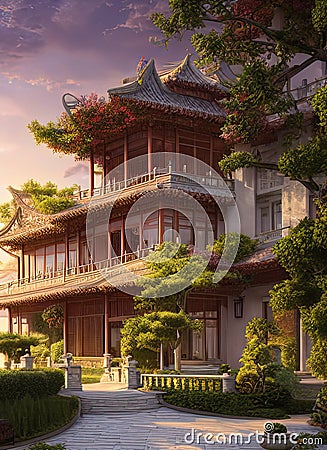 Fictional Mansion in Hai'an, Jiangsu, China. Stock Photo