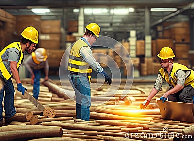 First-Line Supervisors and Manager-Supervisors - Logging Workers Fictional Work Enviroment Scene. Stock Photo