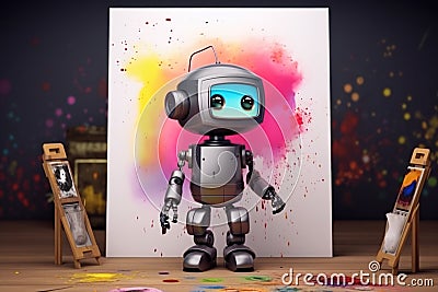 Generative AI art technology concept, robot painting picture in studio. comeliness Stock Photo