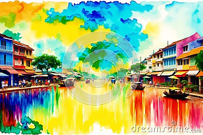 A watercolor town. Colors of Thailand. Watercolor Painting of a Thai Town. Generative AI Stock Photo