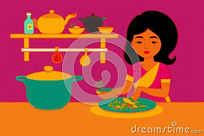A woman cooking dinner. Culinary Symphony. A Woman's Artistry in Cooking Dinner. Copy space. Generative AI Stock Photo