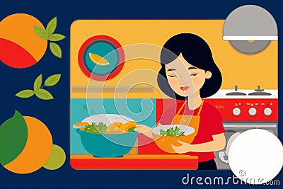 A woman cooking dinner. Culinary Symphony. A Woman's Artistry in Cooking Dinner. Copy space. Generative AI Stock Photo