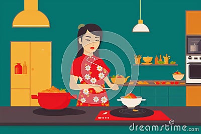 A woman cooking dinner. Culinary Symphony. A Woman's Artistry in Cooking Dinner. Copy space. Generative AI Stock Photo