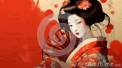 Generative ai. Attractive geisha in black kimono with flowers. Cartoon Illustration