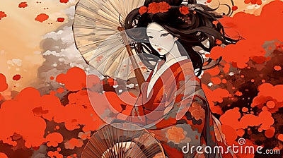 Generative ai. Attractive geisha in black kimono with flowers. Cartoon Illustration