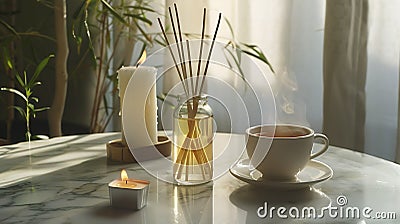 Generative AI Bamboo sticks in bottle with scented candles and cup of tea on marble table closeup Home aroma Aroma Stock Photo