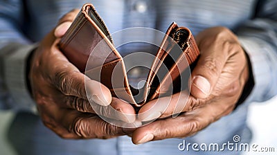 Generative AI Bankruptcy Business Person holding an empty wallet Man showing empty wallet by showing the inconsis Stock Photo