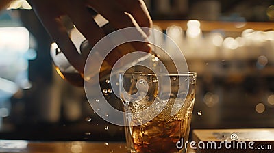 Generative AI Barista making coffee Barista hands pouring coffee into glass of water closeup business concept. Stock Photo