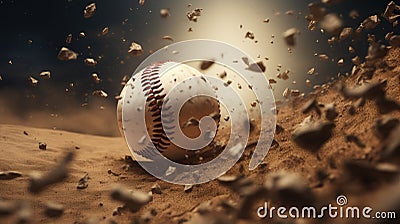 Generative AI, baseball ball in dry sand explosion, Pitchers Mound Stock Photo