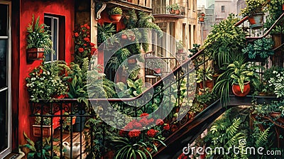 Generative AI, beautiful balcony surrounded by a tropical style garden Stock Photo