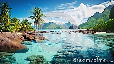Generative AI, Beautiful beach of Seychelles, ocean or sea landscape, vacation on paradise. Stock Photo