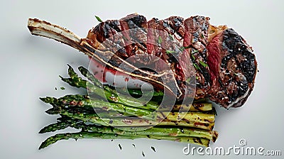 Generative AI Medium rare grilled Tomahawk beef steak with asparagus Flat lay business concept. Stock Photo