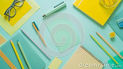 Generative AI Blank note and stationery. School, creative, abstract flat lay desktop. business concept. Stock Photo