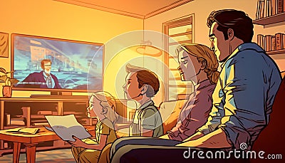 Generative AI Bored Family Watching TV- Cartoon Illustration