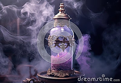 Generative AI, A bottle of essential oil with fresh lavender twigs withh smoke on dark background Stock Photo