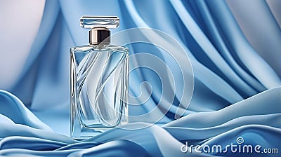 Generative AI, Bottle of perfume on a blue silk background. Stock Photo
