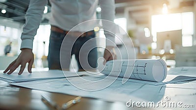 Generative AI Brainstorming group of architects and engineers discuss building blueprint design paperwork and draw Stock Photo