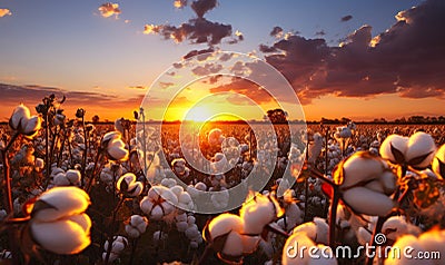 Breathtaking sunset over a vibrant cotton field, with warm sunlight bathing the fluffy cotton bolls in a golden hue against a Stock Photo