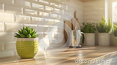 Generative AI Bright And Clean Kitchen With White Cabinets Close Up Cutting Boards Green Succulent Pot On A Wooden Stock Photo