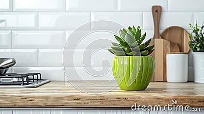 Generative AI Bright And Clean Kitchen With White Cabinets Close Up Cutting Boards Green Succulent Pot On A Wooden Stock Photo