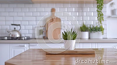 Generative AI Bright And Clean Kitchen With White Cabinets Close Up Cutting Boards Green Succulent Pot On A Wooden Stock Photo