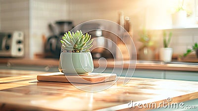 Generative AI Bright And Clean Modern Minimalist Kitchen Close Up Cutting Boards Green Succulent Pot On A Wooden W Stock Photo