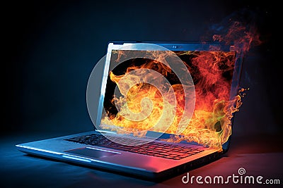 Generative Ai. Burning computer notebook: technology failure and data loss concept Stock Photo
