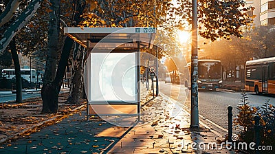 Generative AI bus shelter at busstop blank white lightbox empty billboard bus shelter ad glass and aluminum struct Stock Photo