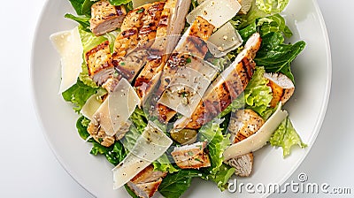 Generative AI Caesar salad with grilled chicken meat romaine and Parmesan shot from the top on a white background Stock Photo