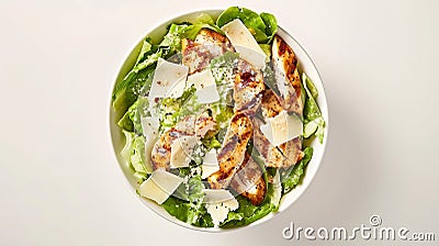 Generative AI Caesar salad with grilled chicken meat romaine and Parmesan shot from the top on a white background Stock Photo